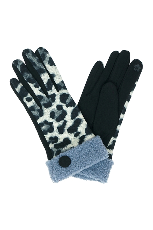 S23-6-2-MG0038BK - SMART TOUCH LEOPARD SHERPA CUFF BUTTON GLOVES - BLACK/6PCS (NOW $4.50 ONLY!)