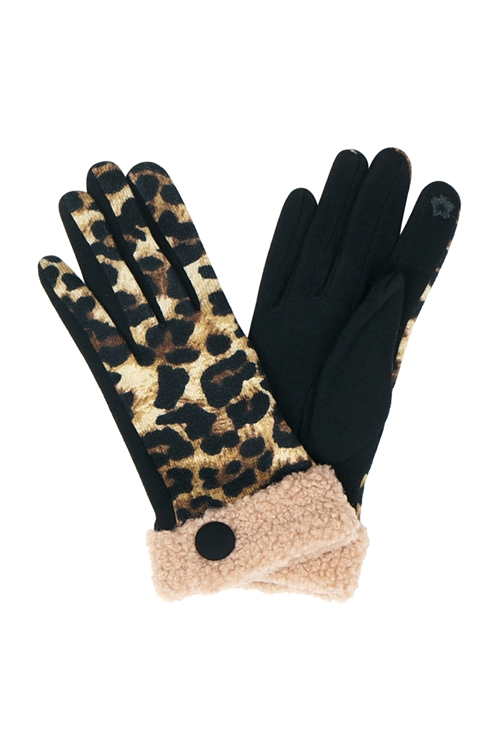 S23-6-2-MG0038TP - SMART TOUCH LEOPARD SHERPA CUFF BUTTON GLOVES - TAUPE/6PCS (NOW $4.50 ONLY!)