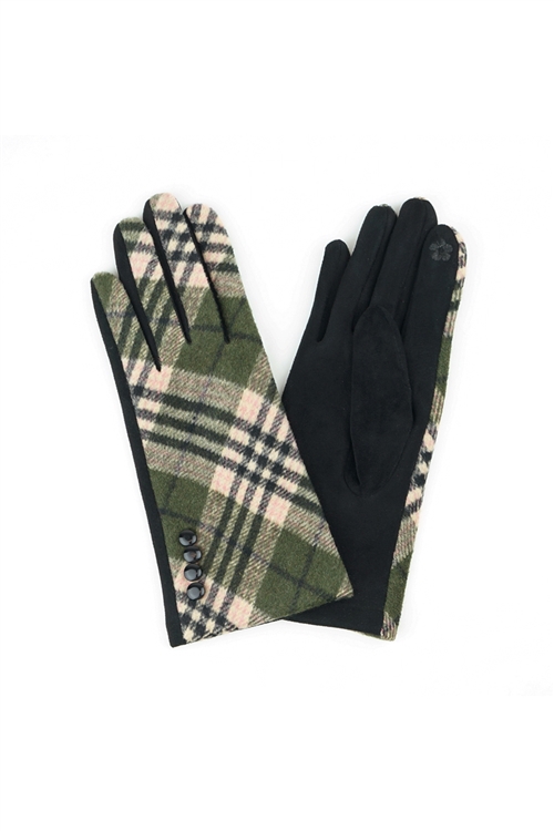 S29-1-1-MG0046OV - MULTI PLAID BUTTON GLOVES SMART TOUCH OLIVE /6PCS