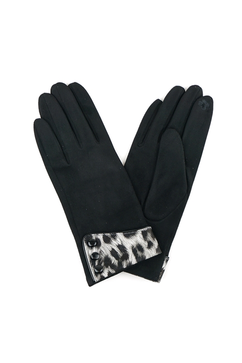 S26-5-4-MG0050BK - LEOPARD PRINT CUFF GLOVES SMART TOUCH BLACK /6PCS