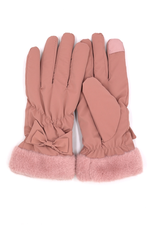 S30-1-1-MG0076 - BOW AND FAUX FUR CUFF FLEECE SMART TOUCH GLOVES-PINK/6PCS