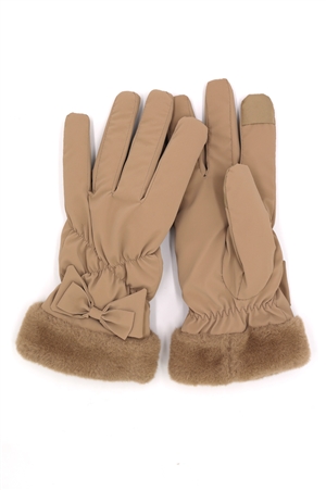 S30-1-1-MG0076 - BOW AND FAUX FUR CUFF FLEECE SMART TOUCH GLOVES-TAUPE/6PCS