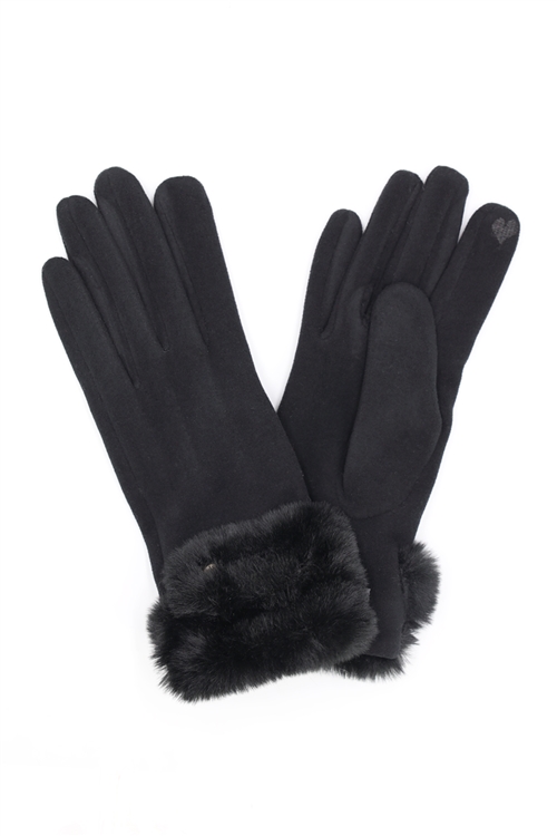 S30-1-1-MG0077 - DOUBLE FAUX FUR CUFF SMART TOUCH GLOVES-BLACK/6PCS