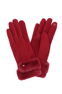 S30-1-1-MG0077 - DOUBLE FAUX FUR CUFF SMART TOUCH GLOVES-BURGUNDY/6PCS