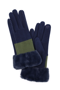 S30-1-1-MG0079 - TWO TONE AND STITCH LINES FAUX FUR CUFF SMART TOUCH GLOVES-NAVY/6PCS