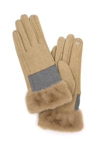 S30-1-1-MG0079 - TWO TONE AND STITCH LINES FAUX FUR CUFF SMART TOUCH GLOVES-TAUPE/6PCS