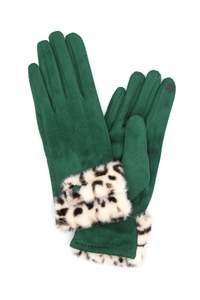 S30-1-1-MG0084 - LEOPARD FAUX FUR CUFF SMART TOUCH GLOVES-GREEN/6PCS