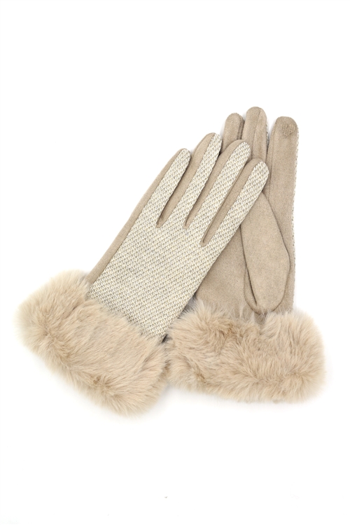 S30-1-1-MG0086 - FAUX FUR CUFF MIXED COLOR SMART TOUCH GLOVES-TAUPE/6PCS