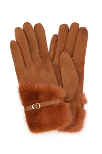 S30-1-1-MG0088 - FAUX FUR AND STRAP CUFF SMART TOUCH GLOVES-RUST/6PCS