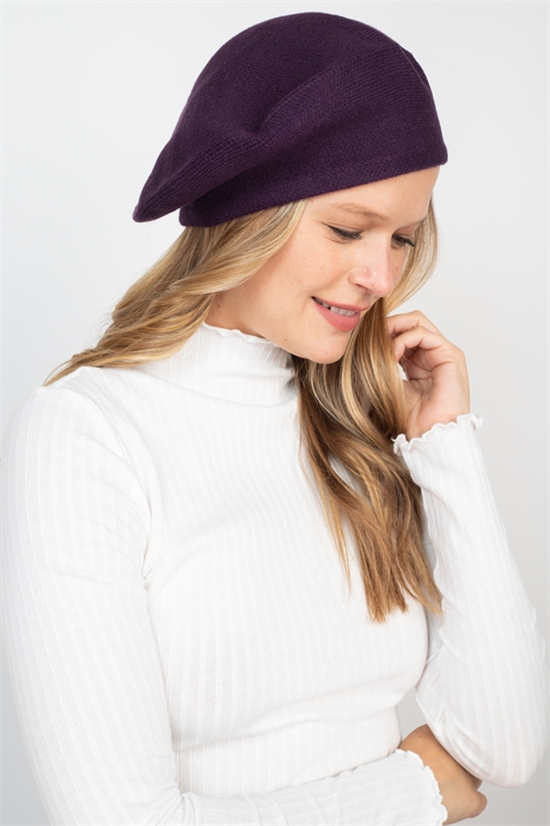 S30-1-1-MI-MH0011PU - STRETCHY SOLID BERET ACRYLIC PURPLE/6PCS