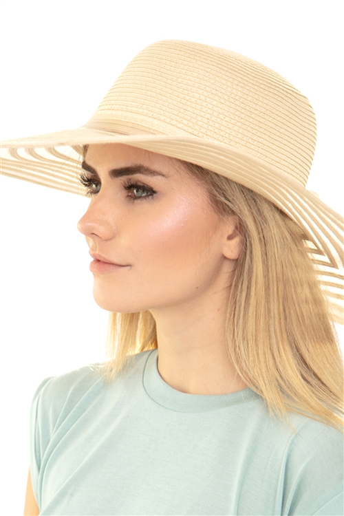 S18-9-1-MH0022BE-BEIGE  MESH STRIPE BOW SUMMER FLOPPY BRIM HAT/6PCS