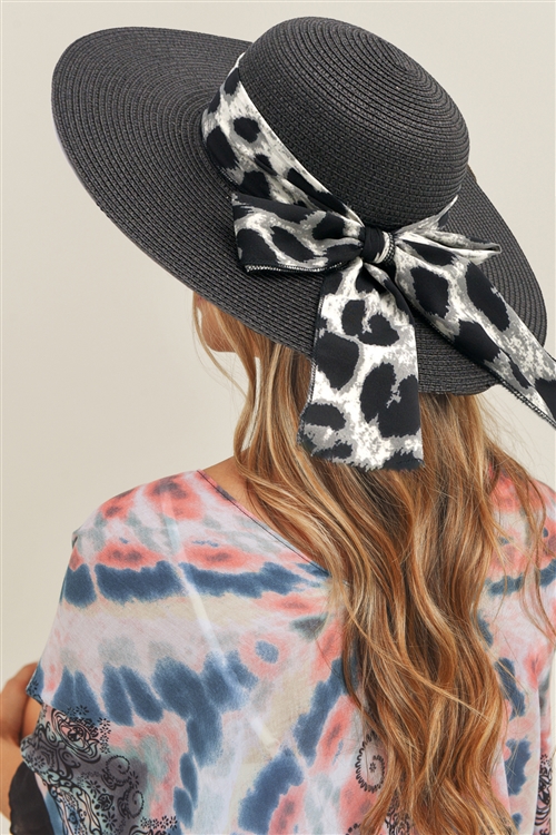 S30-1-1-MH0024BK -  LEOPARD PRINT BOW SUMMER STRAW FLOPPY HAT BLACK/6PCS