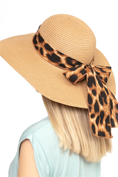 S30-1-1-MH0024BR - LEOPARD PRINT BOW SUMMER STRAW FLOPPY HAT BROWN/6PCS