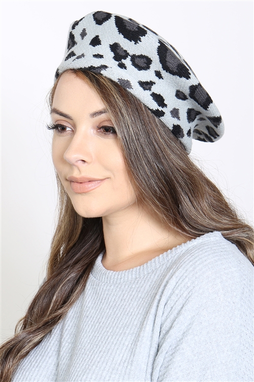 S30-1-1-MI-MH0028GR - LEOPARD STRETCHY BERET ACRYLIC - GRAY/6PCS