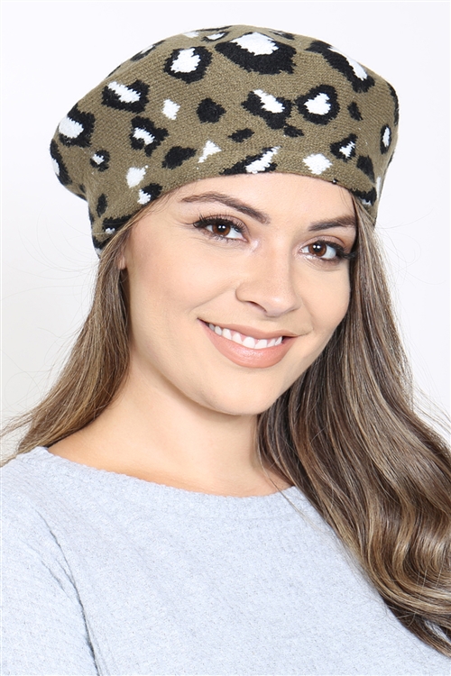 S30-1-1-MI-MH0028OV - LEOPARD STRETCHY BERET ACRYLIC - OLIVE/6PCS