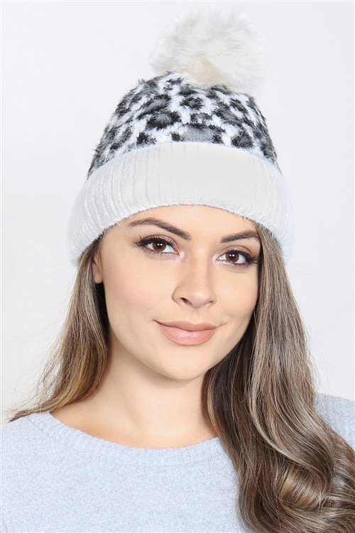 S30-1-1-MH0030IV-LEOPARD POMPOM FUZZY FLEECE BEANIE-IVORY/6PCS