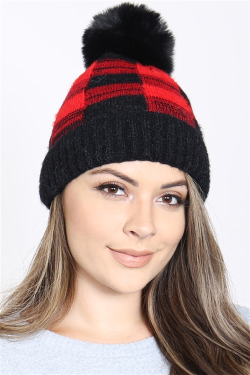 S2-4-3-MH0031RD-1 - BUFFALO PLAID POMPOM FUZZY FLEECE BEANIE-RED/1PC (NOW $4.50 ONLY!)