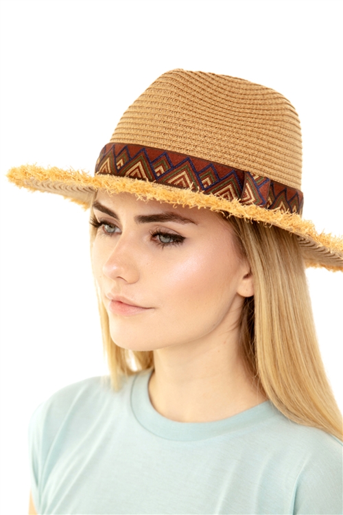 S19-7-2-MH0037 - FRAYED TRIM AZTEC STRAW HAT /6PCS