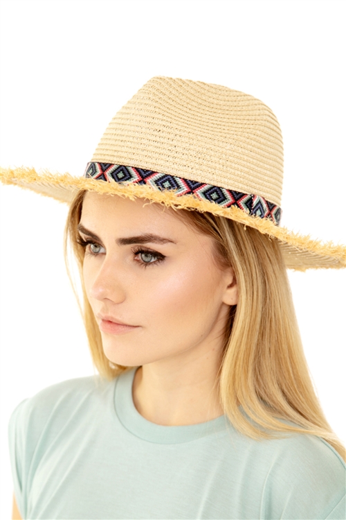 S19-7-4-MH0038 - FRAYED TRIM AZTEC STRAW HAT /6PCS