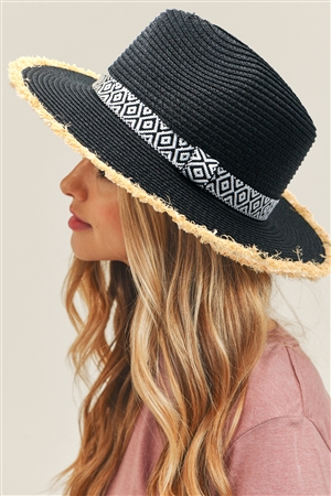 S1-8-5-MH0039BK - FRAYED TRIM AZTEC STRAW HAT-BLACK/6PCS