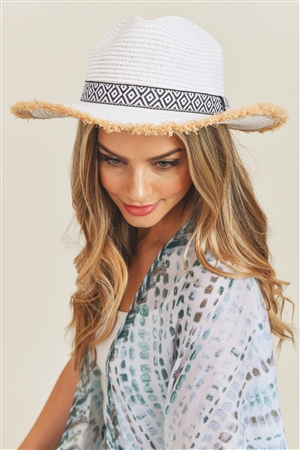 S30-1-1-MH0039WH - FRAYED TRIM AZTEC  STRAW HAT - WHITE/6PCS