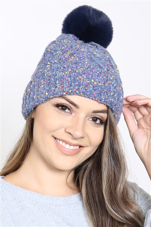 S24-4-5-MH0040BL - CONFETTI CABLE KNIT POMPOM BEANIE BLUE /6PCS