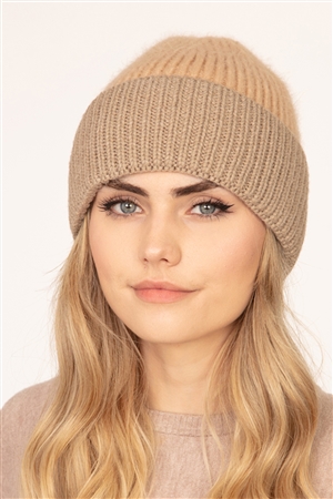 S29-1-4-MH0043BE-TP - WOOL BLENDED TWO TONE SOLID BEANIE BEIGE TAUPE /6PCS