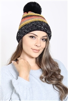 S23-4-5-MH0044BK - MULTICOLOR STRIPE FLEECE POMPOM BEANIE BLACK /6PCS (NOW $5.25 ONLY!)