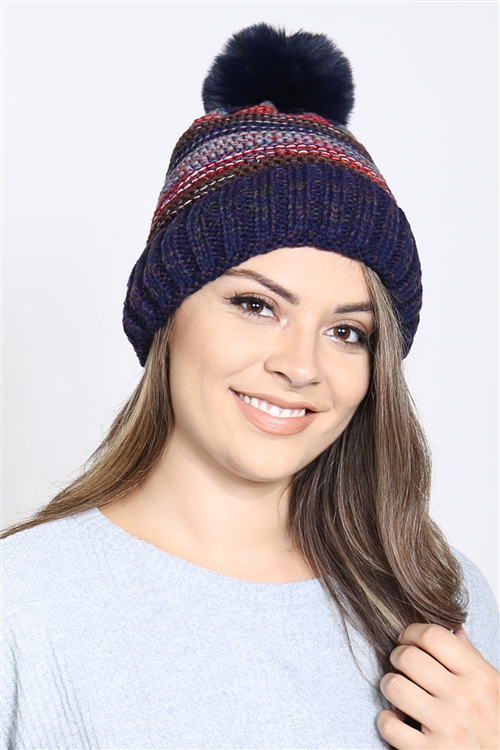 S23-4-5-MH0044NV - MULTICOLOR STRIPE FLEECE POMPOM BEANIE NAVY /6PCS(NOW $5.25 ONLY!)