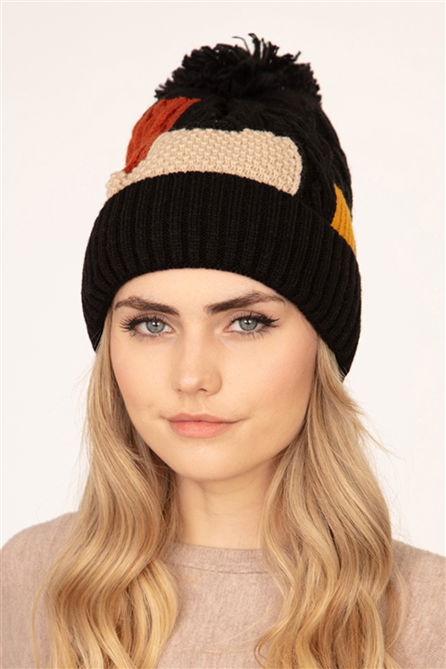 S23-3-5-MH0046BK - PATCH FLEECE POMPOM BEANIE ACRYLIC BLACK /6PCS