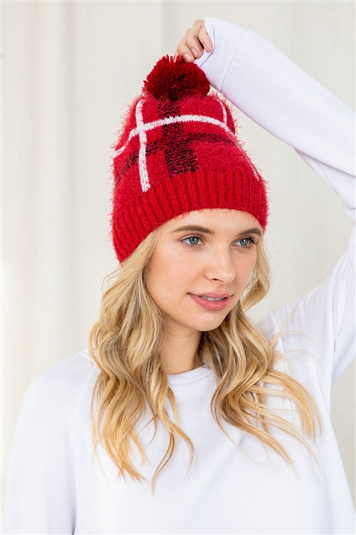 discontinued---S24-5-4-MH0050RD - FUZZY PLAID BEANIE RED/6PCS