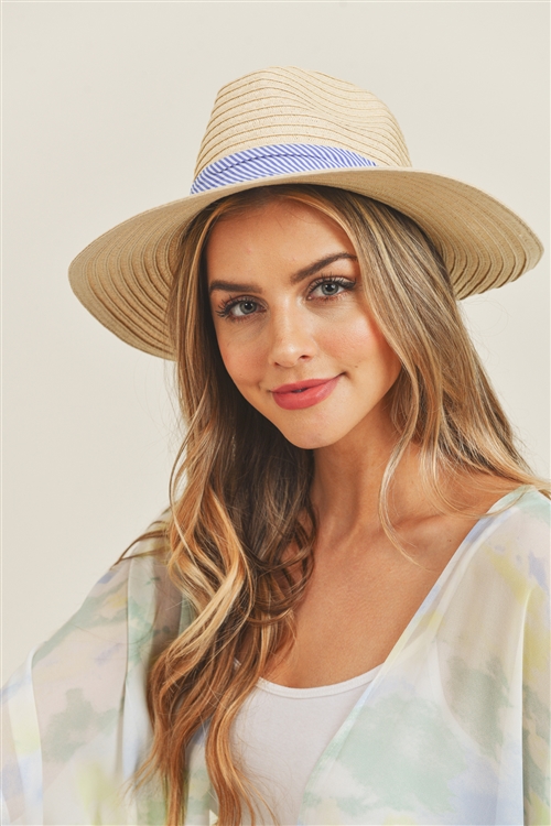 S30-1-1-MH0064BE-BL - FOLD STRIPED BOW STRAW HAT BEIGE WITH BLUE BAND-BLUE/6PCS