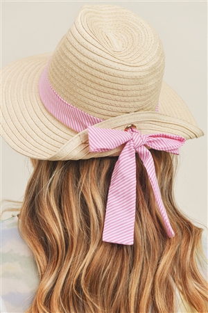 S30-1-1-MH0064BE-PK - FOLD STRIPED BOW STRAW HAT BEIGE WITH PINK BAND-PINK/6PCS