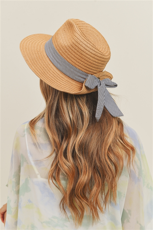 S30-1-1-MH0064BR-BK - FOLD STRIPED BOW STRAW HAT BROWN WITH BLACK BAND-BLACK/6PCS