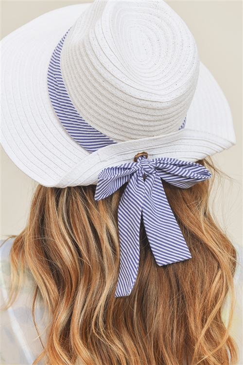 S24-5-4-MH0064WH-NV - FOLD STRIPED BOW STRAW HAT WHITE WITH NAVY BAND-NAVY/6PCS