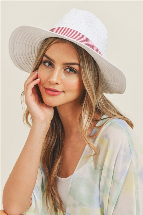 S24-5-5-MH0064WH-RD - FOLD STRIPED BOW STRAW HAT WHITE WITH RED BAND-RED/6PCS