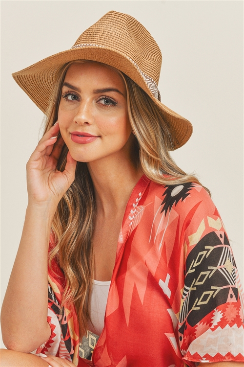 S18-9-3-MH0071TP-1 - TRIBAL BAND PANAMA SUN HAT-TAUPE/1PC