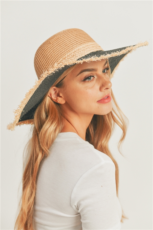 discontinued--S30-1-1-MH0094BK/TP - FRAYED EDGE STRAW FLOPPY HAT-BLACK/TAUPE/6PCS