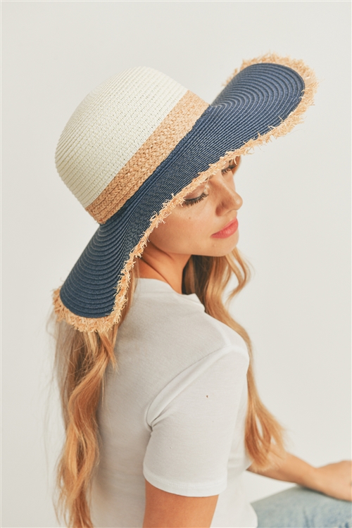 S30-1-1-MH0094NV/IV - FRAYED EDGE STRAW FLOPPY HAT-NAVY/IVORY/6PCS