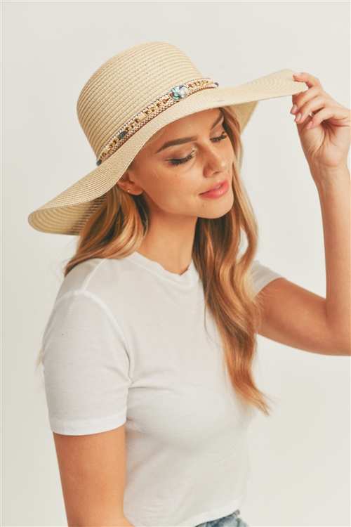 S23-4-4-MH0103BE - MULTI BEADED BAND FLOPPY HAT-BEIGE/6PCS