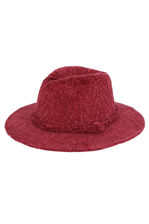 S30-1-1-MH0171 - CHENILLE PATTERN FEDORA WITH BRAIDED BAND-BURGUNDY/6PCS