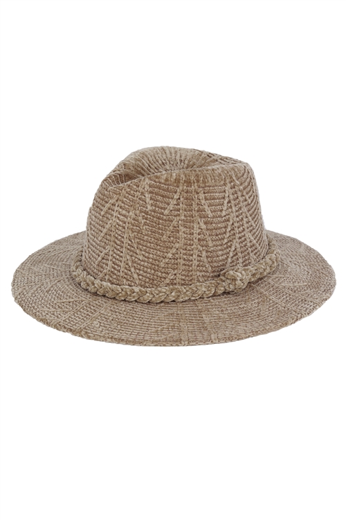 S30-1-1-MH0171 - CHENILLE PATTERN FEDORA WITH BRAIDED BAND-KHAKI/6PCS