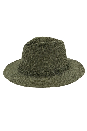 S30-1-1-MH0171 - CHENILLE PATTERN FEDORA WITH BRAIDED BAND-OLIVE/6PCS