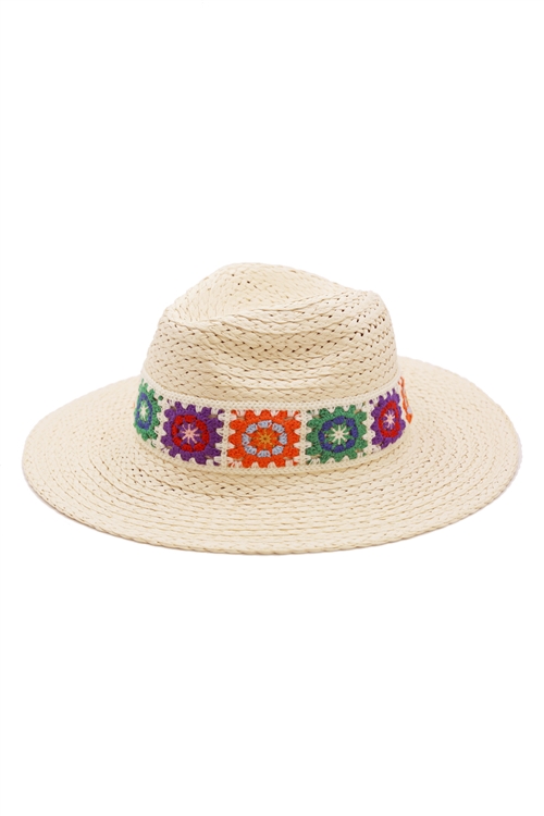 S30-1-1-MH0174 - FLORAL CROCHET BAND STRAW HAT/6PCS