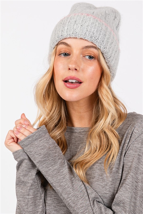 S30-1-1-MH0177 - TWO TONE LINE DETAIL BEANIE-GRAY/6PCS