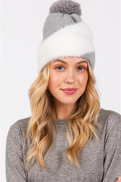 S30-1-1-MH0179 - FUZZY DETAIELD FLEECE POM POM BEANIE-GRAY/6PCS