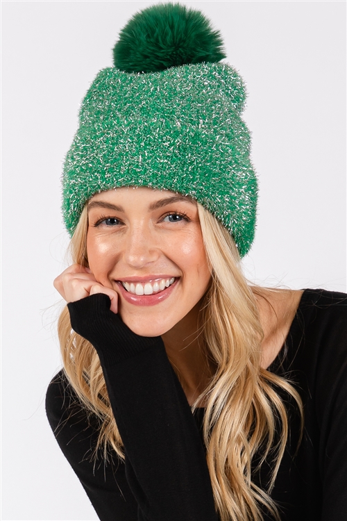 S30-1-1-MH0180-GN - LUREX MIXED POM POM BEANIE-GREEN/6PCS