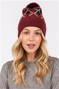 S30-1-1-MH0182 - WOOL BLENDED ARGYLE FLEECE POM POM BEANIE-BURGUNDY/6PCS