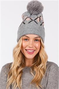 S30-1-1-MH0182 - WOOL BLENDED ARGYLE FLEECE POM POM BEANIE-GRAY/6PCS