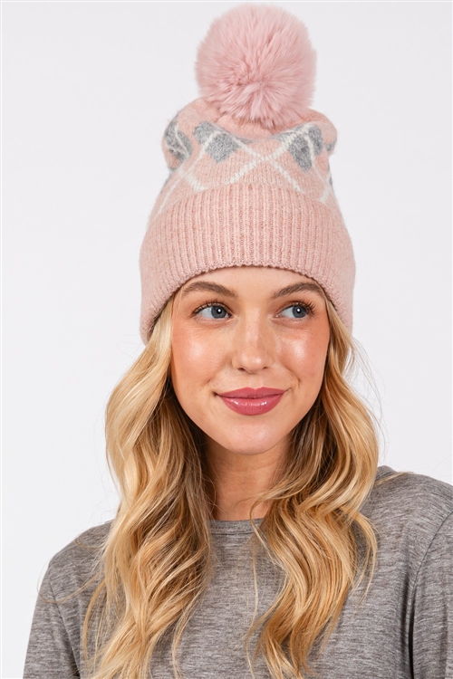 S30-1-1-MH0182 - WOOL BLENDED ARGYLE FLEECE POM POM BEANIE-PINK/6PCS